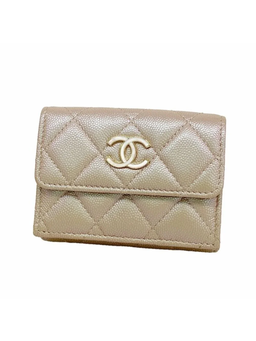 Chanel Trifold Wallet Caviar Leather Metallic Pink Champagne Gold